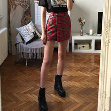 Womens Red Plaid Pleated Vintage Mini Skirts High Waist Metal Decorative Skirt Female Spring Summer Party Casual Short Bottoms 2024 - buy cheap