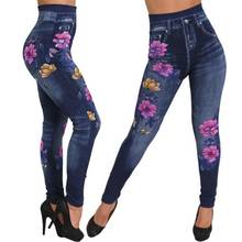 Calça legging feminina jeans imitação de floral, peça legging feminina casual com cintura alta tamanhos grandes 2024 - compre barato