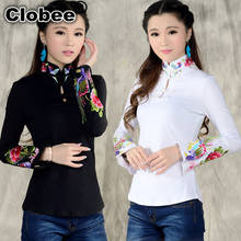 Camisa estilo chinês feminina 2020 outono primavera étnica preta branca gola de apoio camisa bordada camiseta feminina de manga comprida top blusa 2024 - compre barato