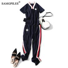 Two Piece Set Top And Pants Summer Outfits For Women 2020 Casual Pullover V-neck Ankle-length Striped Birthday Outfits For Women 2024 - buy cheap