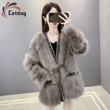 Cotday Office Lady Fox Fur Grass Coat 2021 Fashion Women's Middle Long Style Autumn Winter New Rivet Lace Up Fur Thickened Coat 2024 - buy cheap