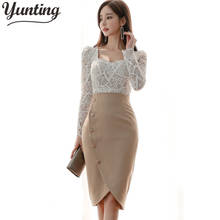 Women 2021 Autumn Work Wear 2 Pieces Set Korean Long Sleeve lace blouse & Sheath Pencil Skirt Casual Suit Skirt 2024 - buy cheap