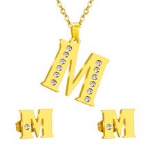 LUXUKISSKIDS Vintage Stainless Steel Initial Alphabet M Letter Jewelry Set Classic Style Bling Crystal Gold Necklace And Earring 2024 - buy cheap