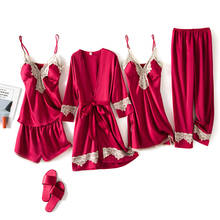 Conjunto pijama feminino de seda cetim 5 peças, conjunto pijama feminino renda roupa de dormir roupas de casa para mulheres lingerie inverno 2024 - compre barato