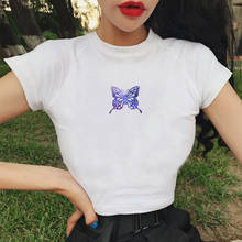 Tops cortos con estampado de letras y mariposa, camisetas de manga corta con cuello redondo, ropa Vintage 2024 - compra barato