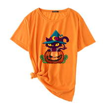 Seeyoushy-Camiseta de halloween para mujer, blusa con estampado de calabaza y gato, playera Harajuku de manga corta, ropa para mujer 2020 2024 - compra barato