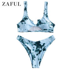 Zaful v-notch recorte tie dye bikini maiô impressão de tinta conjunto biquinis collar colher alta corte feminino sexy swimwears 2020 2024 - compre barato