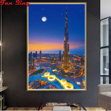 Pintura de diamantes Diy vista nocturna de la ciudad de Dubai, mosaico bordado 3D de diamantes de imitación cuadrados y redondos, punto de cruz, decoración del hogar 2024 - compra barato