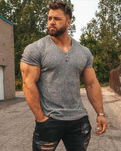 Fashion V Neck Short Sleeve T Shirt Men Fitness Slim Fit Strips T-shirt Male Solid Sports Tees Tops Summer Knitted Gym Clothing 2024 - buy cheap