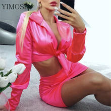 2022 Women Sexy Satin Sets Casual Solid V Neck Party 2 Piece Outfits Long Sleeve Bandage Crop Tops And Skirt Sets 2024 - buy cheap