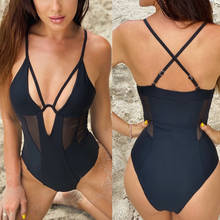Sexy  Mesh Hallow Out High Cut Black Women Swimwear One Piece Swimsuit Female Padded Bather Bathing Suit Swim Lady S2236 2024 - buy cheap