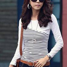 Korean Fashion Spring Women Tshirt Clothing Tops Stripe Print Cotton Long Sleeve Round Neck Casual Loose T-Shirt Slim-Fit Top 2024 - buy cheap