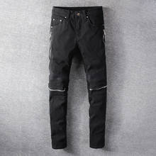 Calça jeans masculina de alta qualidade, jeans da moda, para homens, com corte slim, de patchwork, rasgada, de denim, hip hop, motociclista 2024 - compre barato