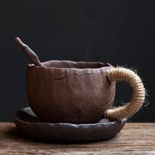 Taza de café de cerámica Vintage hecha a mano, con bandeja y cuchara, taza de café de cerámica, tazas de té para el desayuno, leche y agua, arte, 225ml 2024 - compra barato