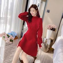 Inverno feminino de malha básica com renda vermelha vestido suéter gola alta slim vestidos de malha feminino defletor 2024 - compre barato