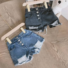 Calção jeans de algodão para meninas de 4 a 14 anos, roupas casuais, novo, elástico, lavar calças, verão, 2021 2024 - compre barato