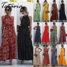 Sem mangas halter flor impressão longo maxi vestido feminino elegante vestidos de renda até vestidos com cinto sem costas praia férias robe 2024 - compre barato