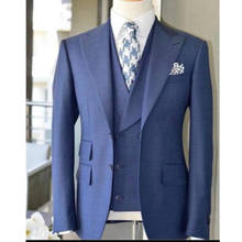 3 peças chegada nova masculino terno 2021 ajuste fino dois botão pico lapela azul terno de casamento feito sob medida blazer (jaqueta + calças + gravata)) 2024 - compre barato