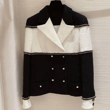 French style small fragrance black white contrast woven woolen blazer women notched autumn loose tweed stitching small suit 2024 - buy cheap