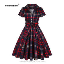 Swing Cotton Blue Red Plaid Dress SD0002 50s 60s Short Sleeve robe longue Women Summer Retro Vintage Dress with Belt 2024 - buy cheap