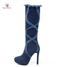 Intenção original estilosa botas femininas cano alto jeans tornozelo redondo salto fino sapatos com franjas denim tamanho 3-10.5 2024 - compre barato