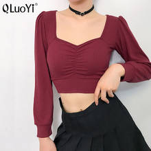 Топ QluoYi женский с длинным рукавом, базовый однотонный пикантный топ с квадратным вырезом, Повседневная футболка с открытыми плечами, весенне-осенний Топ 2024 - купить недорого