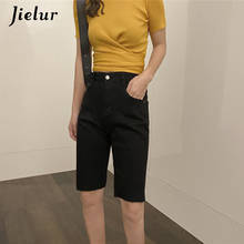 Jielur-shorts feminino liso, jeans preto, cor sólida, peça skinny, cintura alta 2024 - compre barato