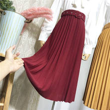 Pure color belt organ pleated skirt half-length skirt spring women mid-length high belt all-match A-line long skirt large swing 2024 - buy cheap