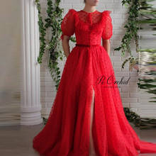 PEORCHID Chic 2020 Dubai Red Evening Dress For Women Party Elegant Gown A Line Slit Sexy Formal Dresses With Sleeves 2024 - buy cheap