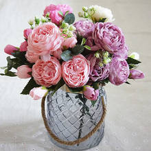 Buquê de flores artificiais com 5 peônias, cabeça grande, seda, rosas falsas, flores para casa, casamento, decoração interno 2024 - compre barato