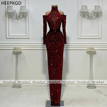 2021 New Burgundy Formal Evening Dress Off The Shoulder Long Sleeves Sparkly Crystal Sequin Black Women Occasion Evening Gowns 2024 - buy cheap