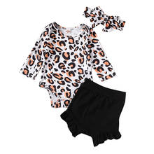 Bebê menina roupas 3 pçs verão recém-nascido do bebê meninas leopardo bodysuits topo + preto shorts calças + bandana terno bonito outfits 0-24 meses 2024 - compre barato