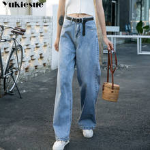 Calça jeans feminina cintura alta plus size, xl, vintage, comprimento longo 2024 - compre barato