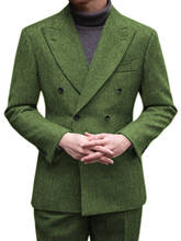 Двубортный классический мужской деловой костюм джентльмена, 2 предмета, приталенный твидовый шерстяной Зеленый Смокинг для жениха для свадьбы, Groomsen 2024 - купить недорого