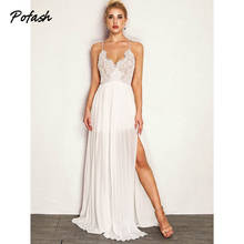 Pofash Mesh Spaghetti Strap Autumn Dress Women Lace Sexy V Neck Solid White Club Party Dress Side Split Maxi Long Dresses 2020 2024 - buy cheap