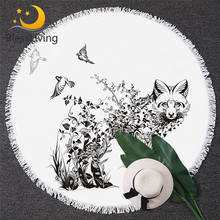 BlessLiving Fox Tapestry Black and White Round Beach Towel Wild Animal Toalla Sunblock Blanket Flowers Birds 150cm Picnic Mat 2024 - buy cheap