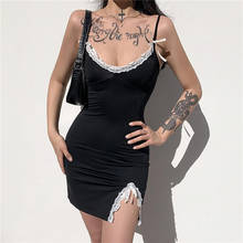 Feminino sexy vestido de suspensão moda cor sólida renda guarnição com decote em v sem costas apertado split vestido curto 2024 - compre barato