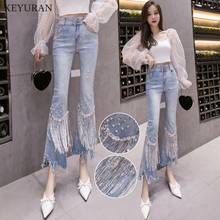 High Waist Jeans Women Ripped Cropped Jeans Women's 2021 Spring Summer New Irregular Beaded Flared Denim Pants Ladies Jeans 2024 - buy cheap