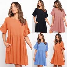 Vestido corto informal de verano con manga corta y bolsillos para mujer, minivestido básico suelto de Color liso con volantes y cuello redondo para playa 2021 2024 - compra barato