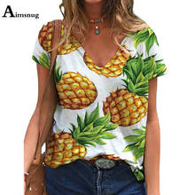 Aimsnug Plus Size Women Elegant Leisure T-shirt Pineapple Print Female Top 2021 Summer New V-neck Tees Shirt Casual Pullovers 2024 - buy cheap