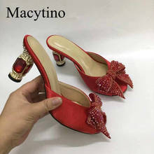 Macytino Satin Mules Crystal Kitten Heel Bowtie Shoes Women Formal Dress Slippers Customized Shoes Plus Size Slides 2024 - buy cheap