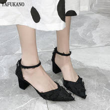 6 cm Fashion Tassel Square Heel High Heels 2020 New Summer Shoes Pointed Toe Middle Hollow Womens Sandals Black Work Pumps 2024 - buy cheap