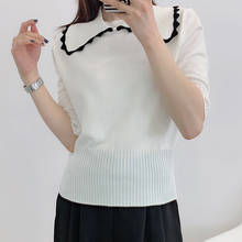 2021 Summer Casual Women Knitted T Shirts Tops Peter Pan Collar Short Sleeve Cute Sweater Tshirt Korean Slim White Tee Clothes 2024 - buy cheap