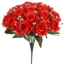 Buquê de rosas em seda com 18 peças, buquê de flores artificiais em cor sólida com suporte, buquê de flores de casamento 2024 - compre barato