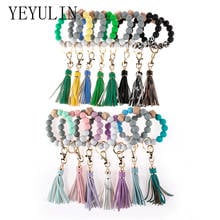 New Mixed Wood Beads Silicone Beads Keychain Bracelets For Women Girls Simple Tassel Keychain Bangle Accessories 2024 - buy cheap