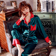 Conjunto de pijama de seda sintética para mujer, ropa de dormir informal de manga larga, de Color puro, Simple, para otoño e invierno, nuevo 2024 - compra barato