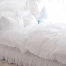 Full white ruffle lace bedding set luxury princess bedding satin drill cotton duvet cover elegant bedspread bed sheet pillowcase 2024 - buy cheap
