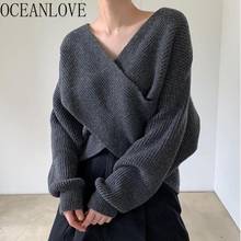OCEANLOVE 2021 корейские винтажные женские свитеры, однотонные Модные свободные женские свитеры с перекрестной шнуровкой, осенне-зимние пуловеры, новинка 18313 2024 - купить недорого