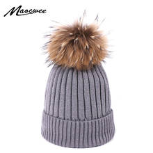 2019 Natural piel de mapache pompón sombrero grueso de invierno para mujeres gorro sombreros de Punto oro plata alambre tapas mujeres Skullies gorros 2024 - compra barato