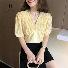 Apostar-camisa feminina manga curta com decote em v, blusa de verão de chiffon para mulheres, com babados, para escritório 2020 2024 - compre barato